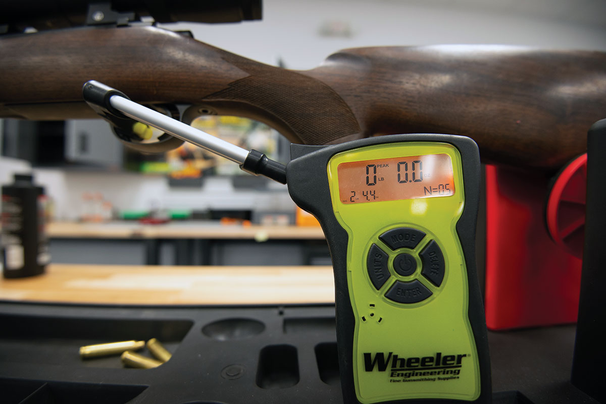 The trigger on this rifle breaks crisp and clean with no overtravel at 2 pounds, 4 ounces, as measured on an average of five pulls on a Wheeler Engineering Digital Trigger Pull Gauge.